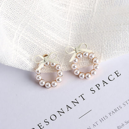 Spring And Summer New Arrival Geometric Pearls Chic Small Cute Girly Round Bow Earrings-Jewearrings