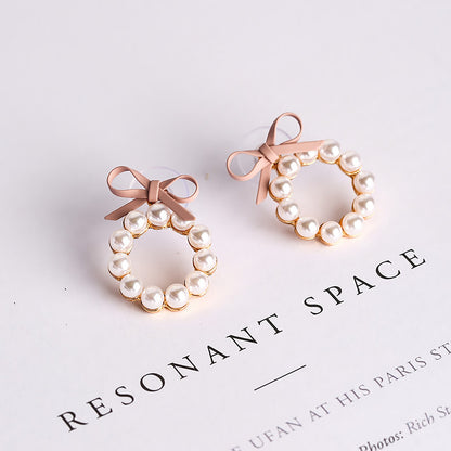 Spring And Summer New Arrival Geometric Pearls Chic Small Cute Girly Round Bow Earrings-Jewearrings