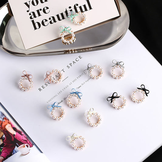 Spring And Summer New Arrival Geometric Pearls Chic Small Cute Girly Round Bow Earrings-Jewearrings