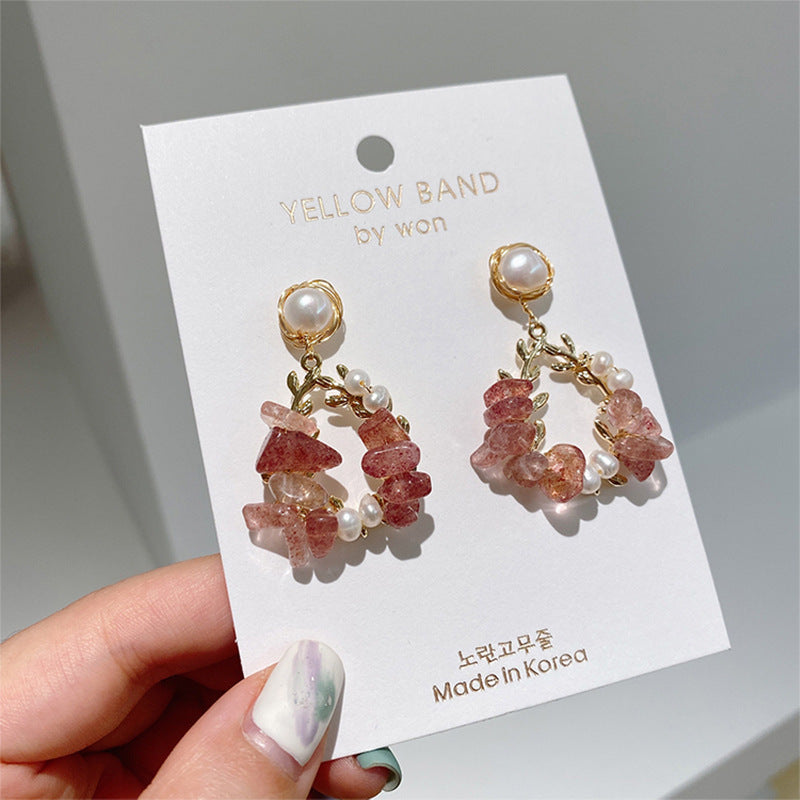 Pearl Earrings Temperament Super Fairy Crystal Net Red Earrings Design Leaf Earrings-Jewearrings