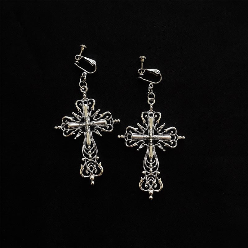 Dark Harajuku Vintage Love Cross Lace Bow Earrings-Jewearrings