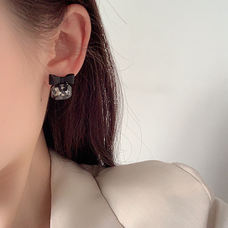 Simple Black Bow Earrings Temperament S925 Silver Needle Earrings-Jewearrings