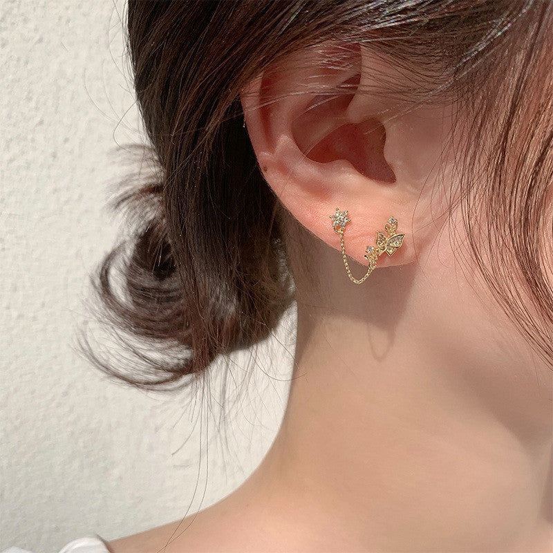 S925 Silver Needle Zircon Flower Tassel Ear Clamp Earrings-Jewearrings