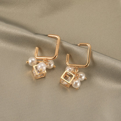 Pearl Cube Crystal Zircon Earrings-Jewearrings