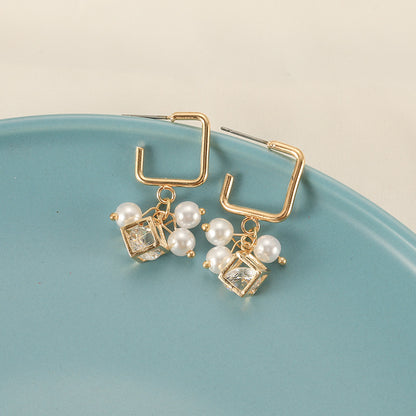 Pearl Cube Crystal Zircon Earrings-Jewearrings