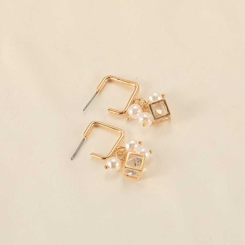 Pearl Cube Crystal Zircon Earrings-Jewearrings