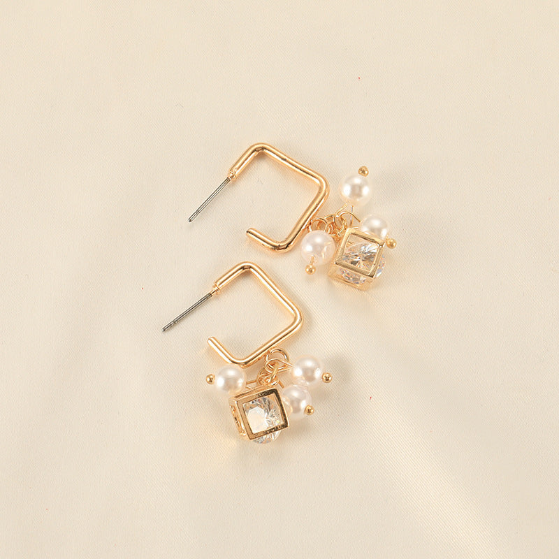 Pearl Cube Crystal Zircon Earrings-Jewearrings