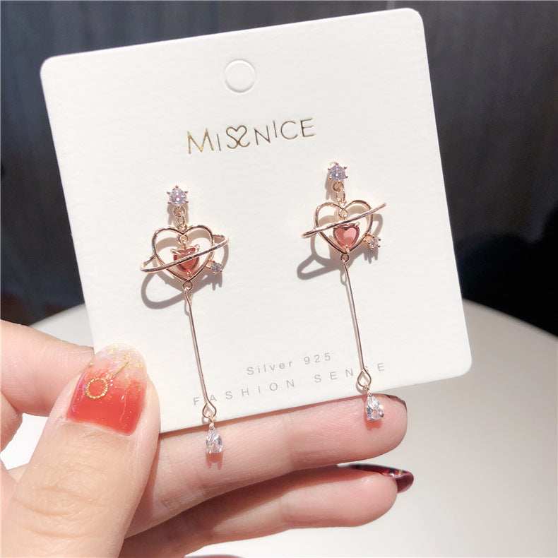 925 Silver Needle Korean Girls Pop Heart Zircon Drop Earrings-Jewearrings