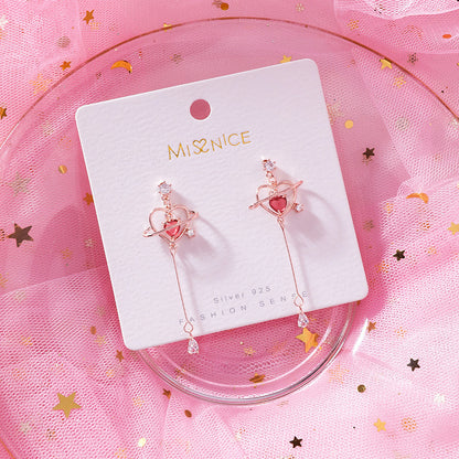 925 Silver Needle Korean Girls Pop Heart Zircon Drop Earrings-Jewearrings