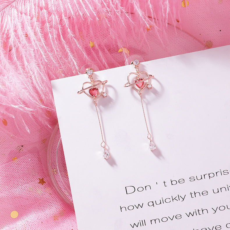 925 Silver Needle Korean Girls Pop Heart Zircon Drop Earrings-Jewearrings