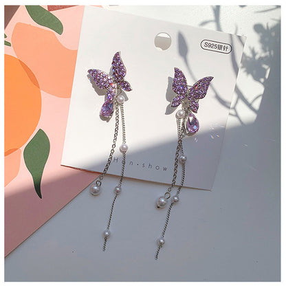 S925 Silver Needle New Two-Wear Butterfly Pearl Earrings Tassel Temperament Net Red Earrings Tide Ears-Jewearrings