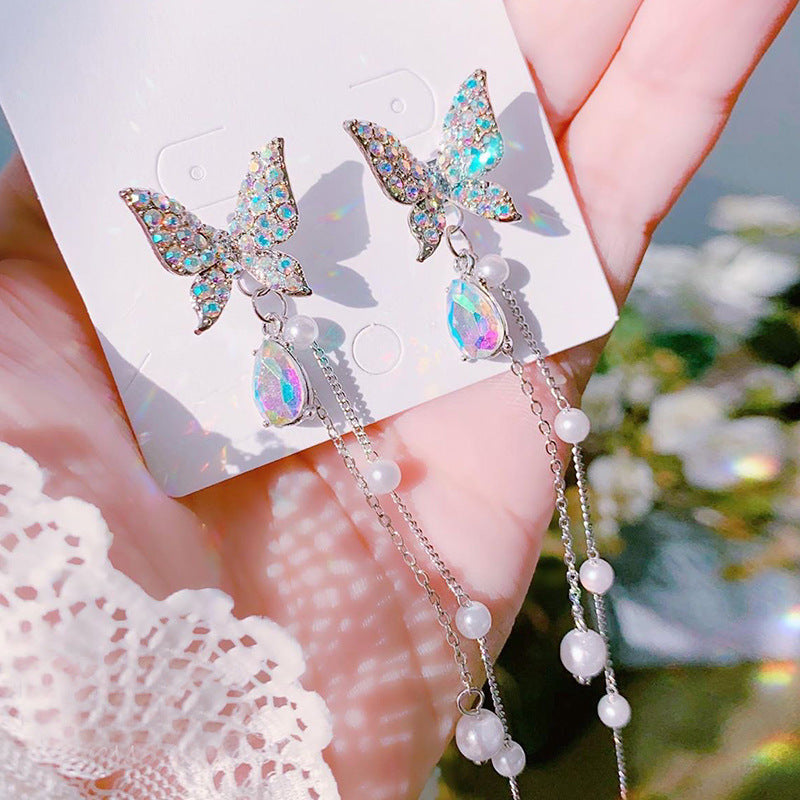 S925 Silver Needle New Two-Wear Butterfly Pearl Earrings Tassel Temperament Net Red Earrings Tide Ears-Jewearrings