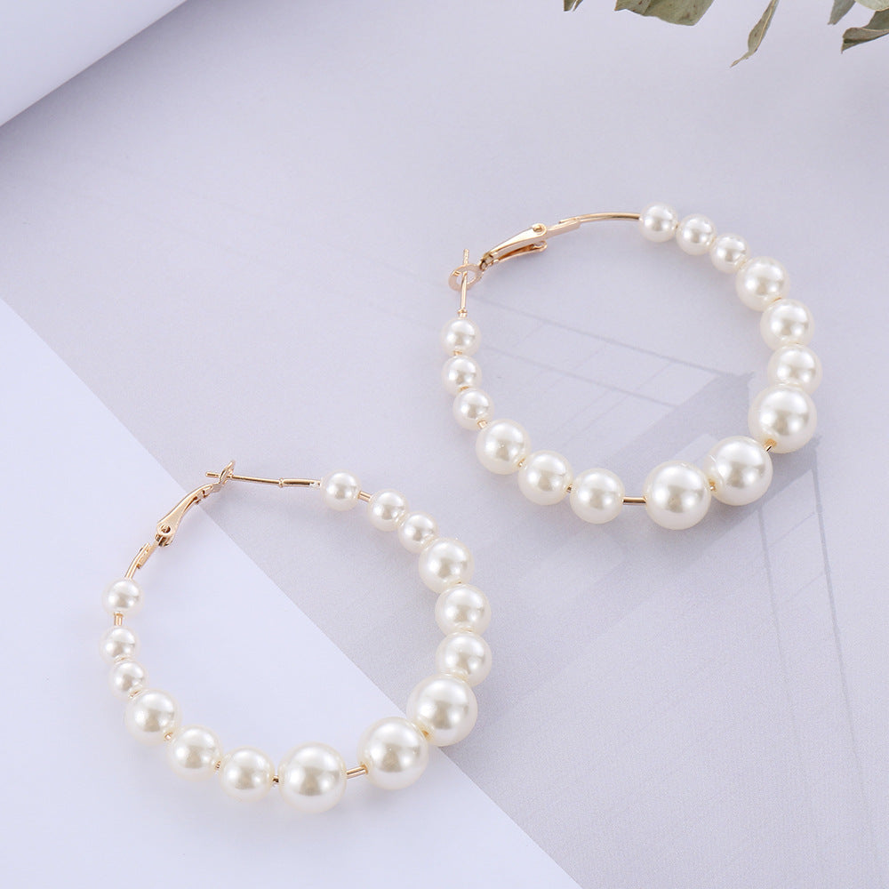 Women Elegant White Pearls Round Hoop Earrings Girl-Jewearrings