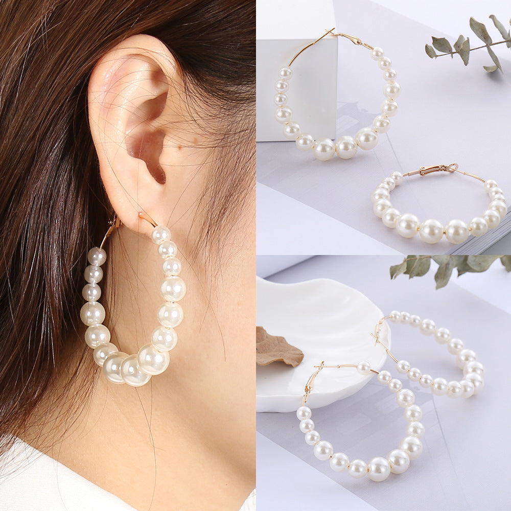 Women Elegant White Pearls Round Hoop Earrings Girl-Jewearrings