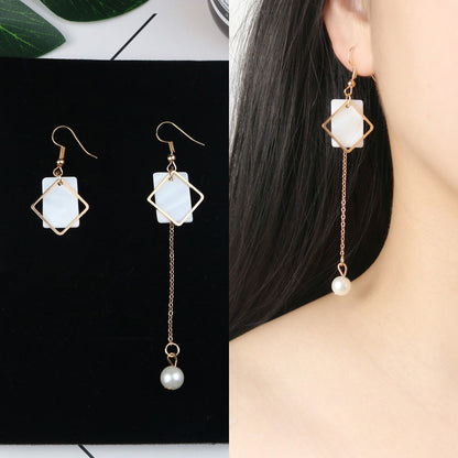 Long Tassel Earrings Square Pearl Asymmetric Earrings-Jewearrings