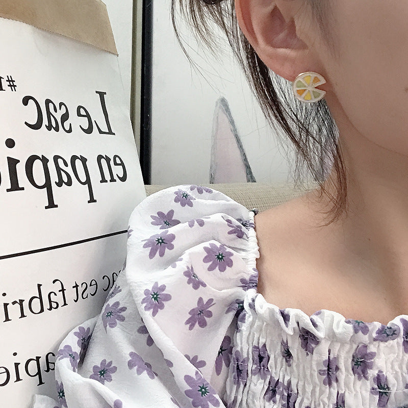 S925 Silver Needle Cold Wind Lemon Earrings Female Korean Temperament Net Red Earrings New Trendy Personality Earrings Female Simple-Jewearrings