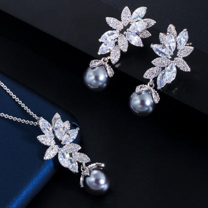 Korean Fashion All-Match S925 Sterling Silver Needle Micro-Inlaid Zircon Shell Pearl Necklace Earrings Set Chain Female-Jewearrings