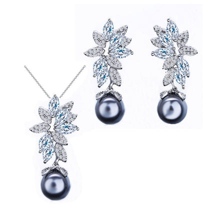 Korean Fashion All-Match S925 Sterling Silver Needle Micro-Inlaid Zircon Shell Pearl Necklace Earrings Set Chain Female-Jewearrings