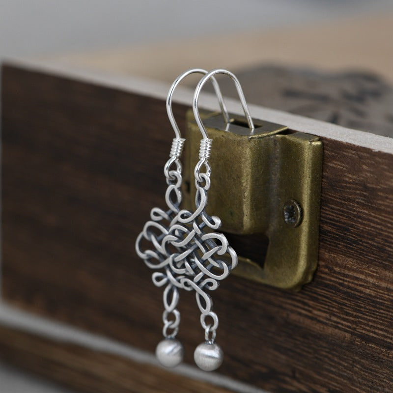 Retro Literary And Artistic Temperament Chinese Knotted Knot Silver Earrings-Jewearrings