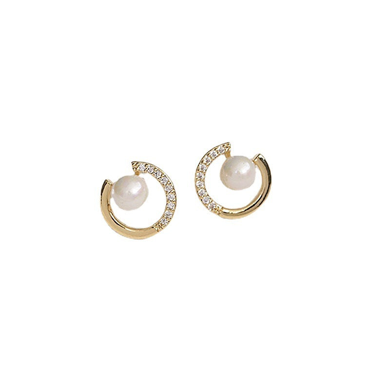 Simple C Shape Stud Earrings For Women Exquisite Pearl Round Crystal Jewelry-Jewearrings