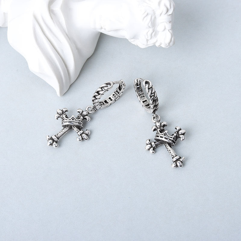 Japanese And Korean Vintage Distressed Crown Cross Earrings-Jewearrings