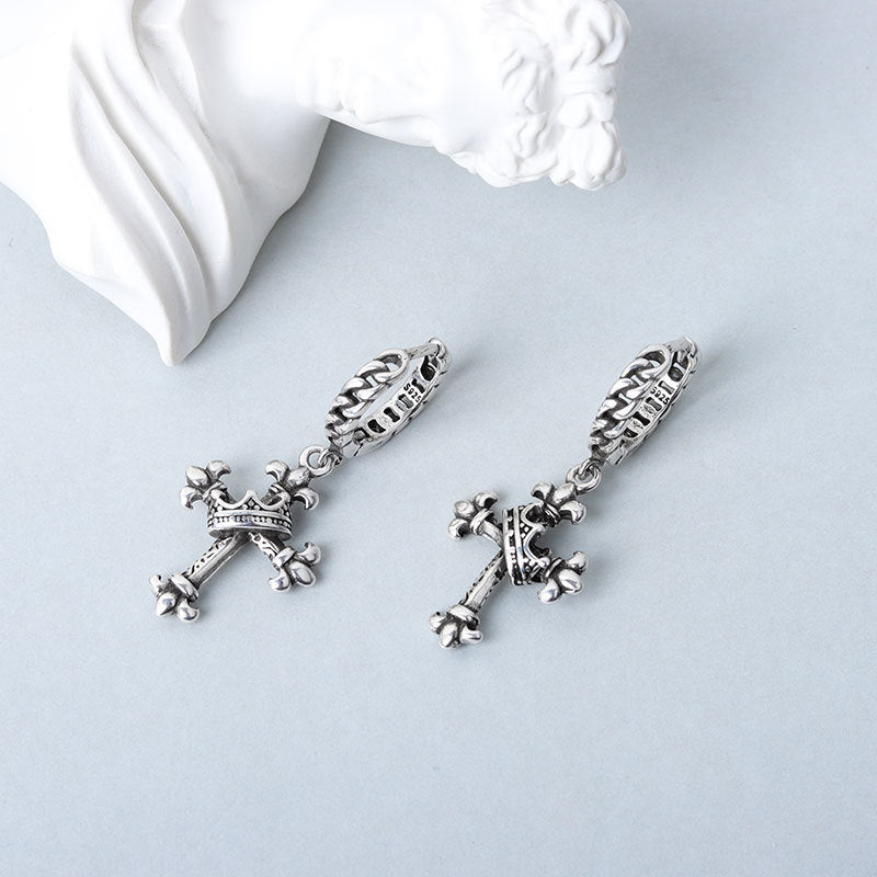 Japanese And Korean Vintage Distressed Crown Cross Earrings-Jewearrings