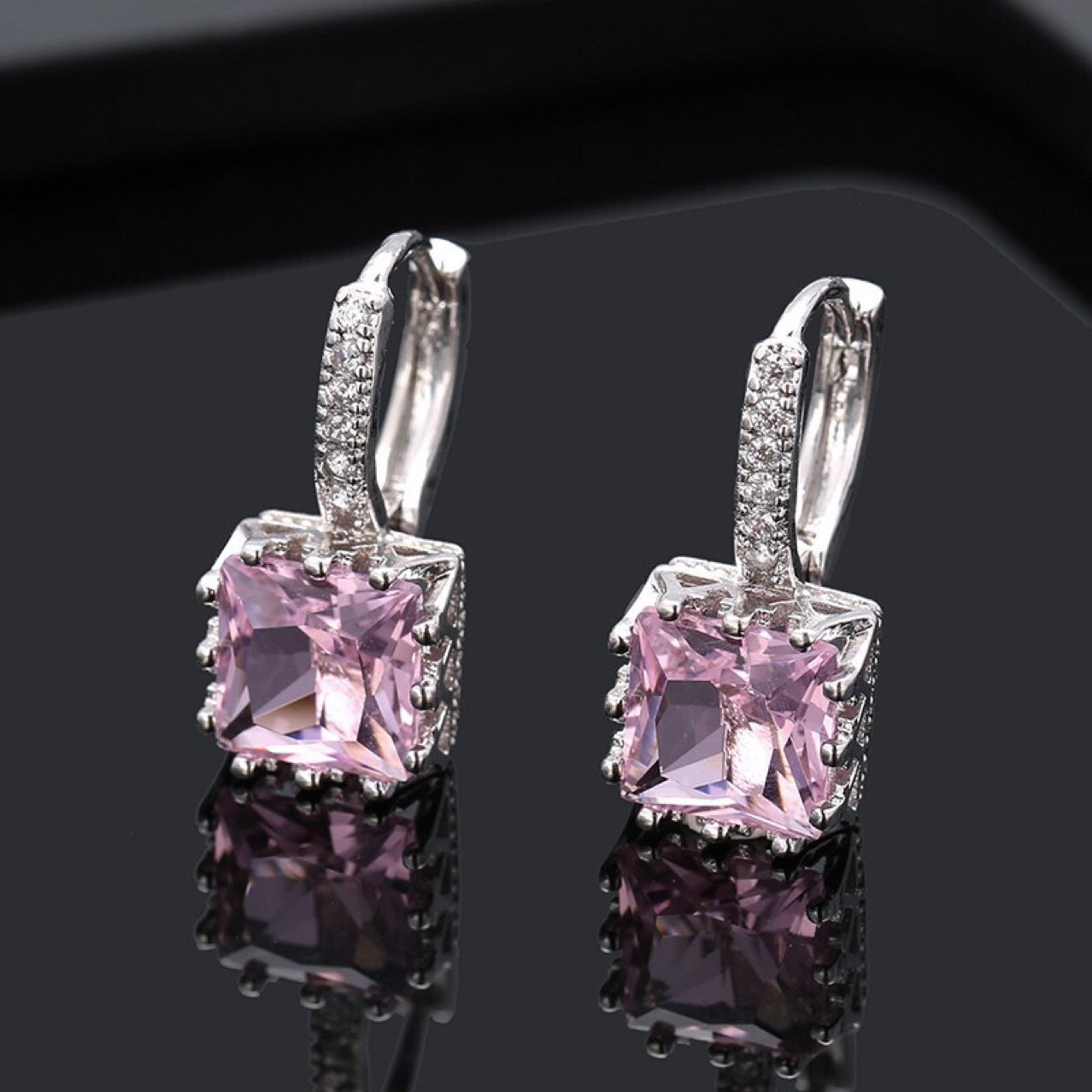 Round Face Slimming Square Zircon Croissant Earrings Female Silver-Jewearrings