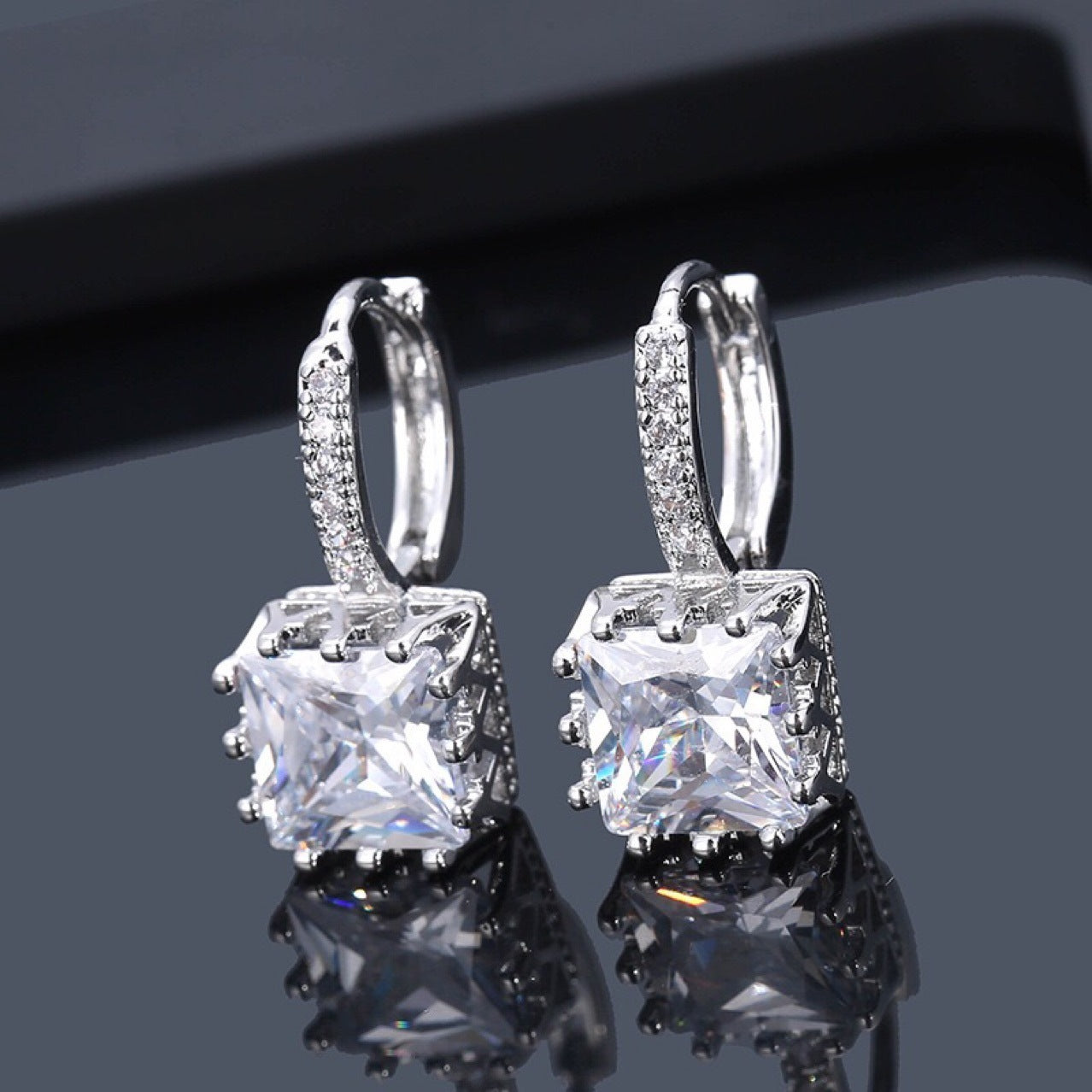 Round Face Slimming Square Zircon Croissant Earrings Female Silver-Jewearrings