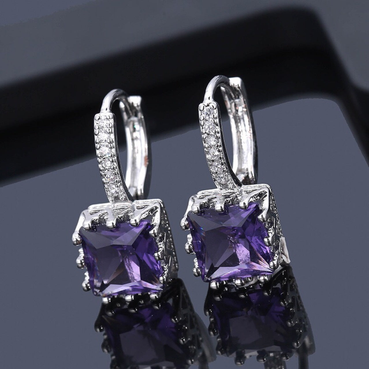 Round Face Slimming Square Zircon Croissant Earrings Female Silver-Jewearrings