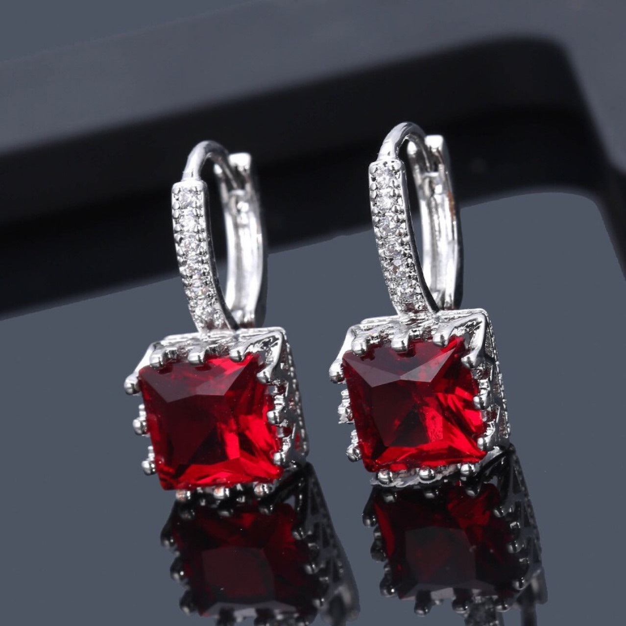 Round Face Slimming Square Zircon Croissant Earrings Female Silver-Jewearrings