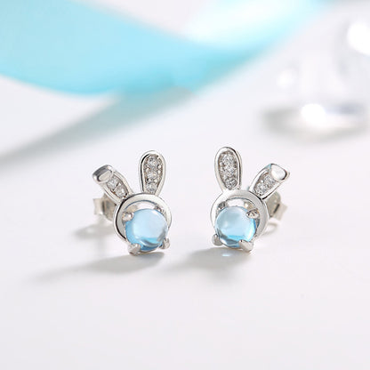 Rabbit Earrings Moonstone Earrings Female Pure Silver Earrings Do Not Need To Pick Up When Sleeping-Jewearrings