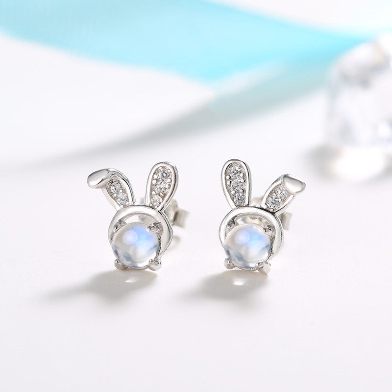 Rabbit Earrings Moonstone Earrings Female Pure Silver Earrings Do Not Need To Pick Up When Sleeping-Jewearrings