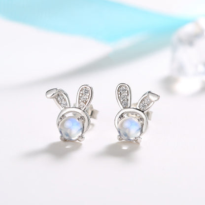 Rabbit Earrings Moonstone Earrings Female Pure Silver Earrings Do Not Need To Pick Up When Sleeping-Jewearrings