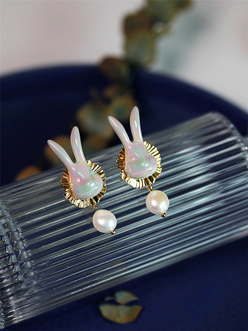 Soft Cute Rabbit Ceramic Freshwater Pearl Earrings-Jewearrings