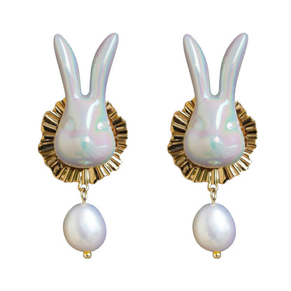 Soft Cute Rabbit Ceramic Freshwater Pearl Earrings-Jewearrings