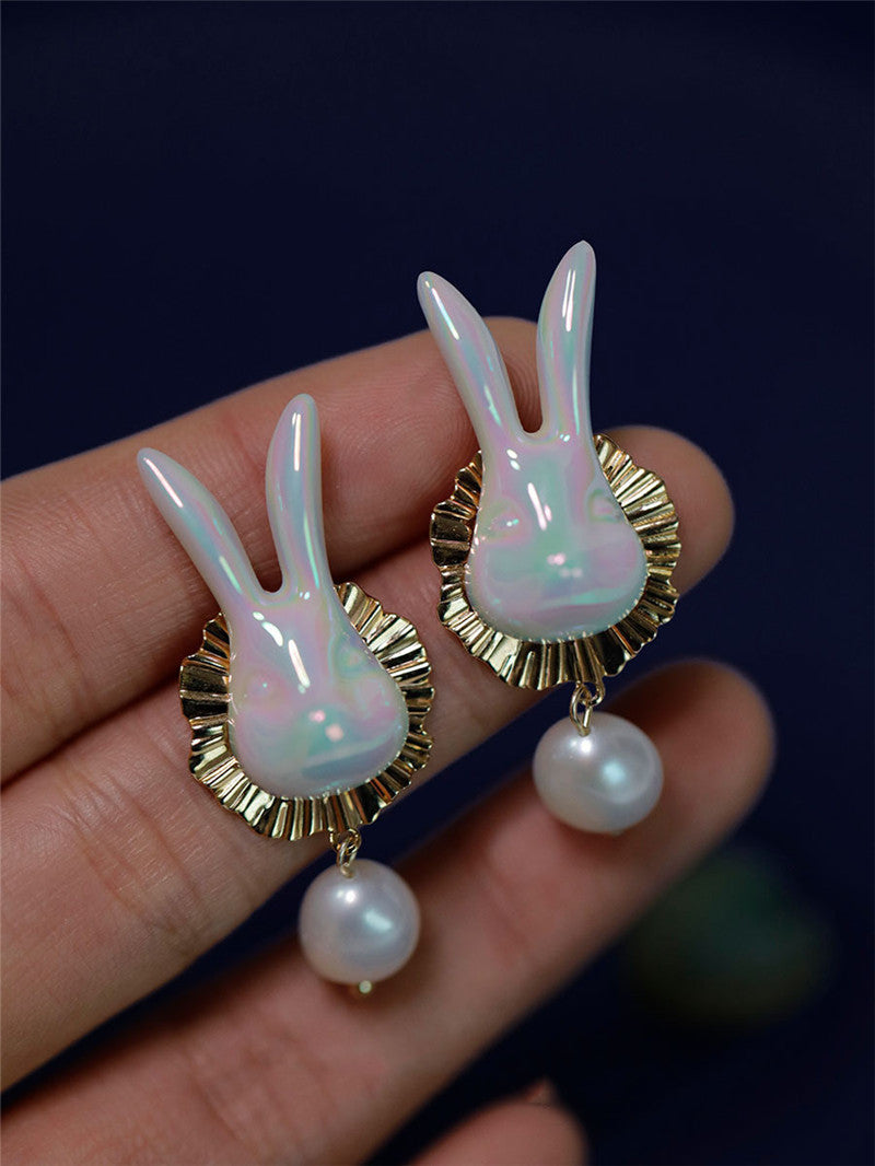 Soft Cute Rabbit Ceramic Freshwater Pearl Earrings-Jewearrings