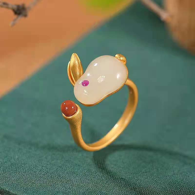 Cute Ring With Hetian Jade Stud Earrings In Sterling Silver-Jewearrings