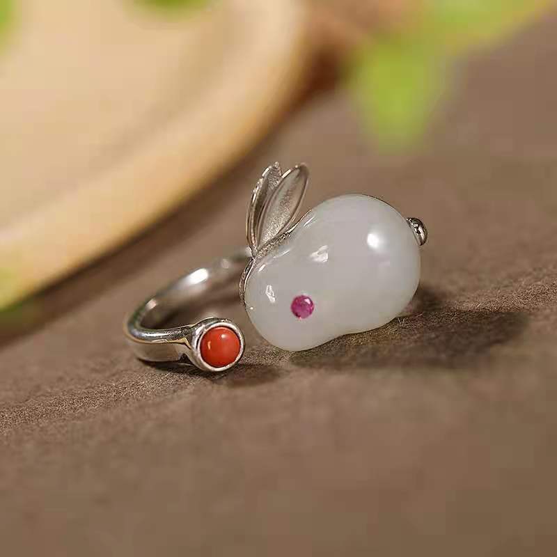 Cute Ring With Hetian Jade Stud Earrings In Sterling Silver-Jewearrings