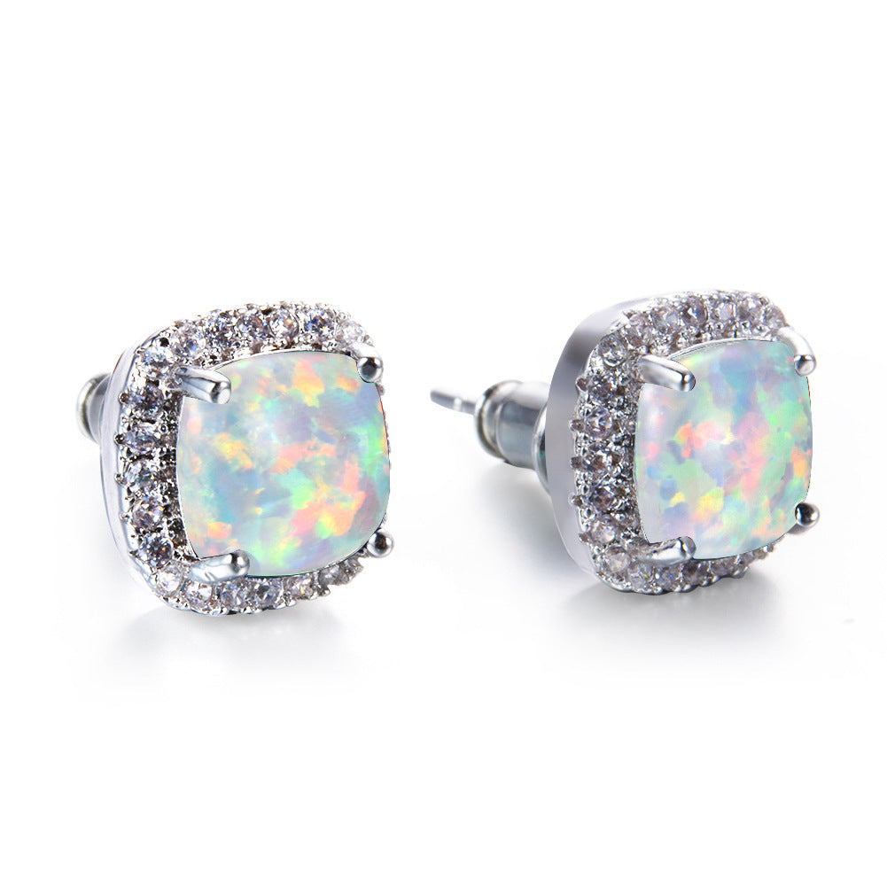 Natural Fire Opal And White Topaz Halo Sqaure Stud Earrings 925 Sterling Silver-Jewearrings