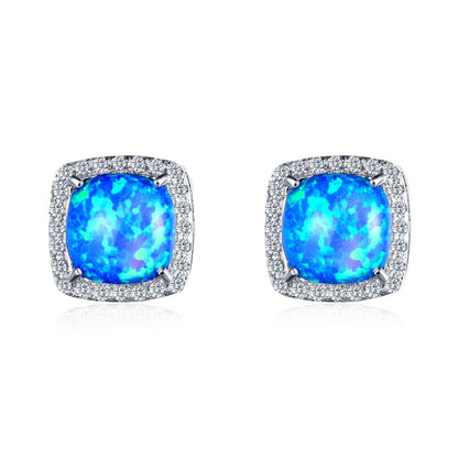 Natural Fire Opal And White Topaz Halo Sqaure Stud Earrings 925 Sterling Silver-Jewearrings