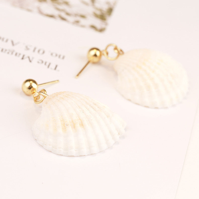 Vintage gold beads white scallop earrings-Jewearrings