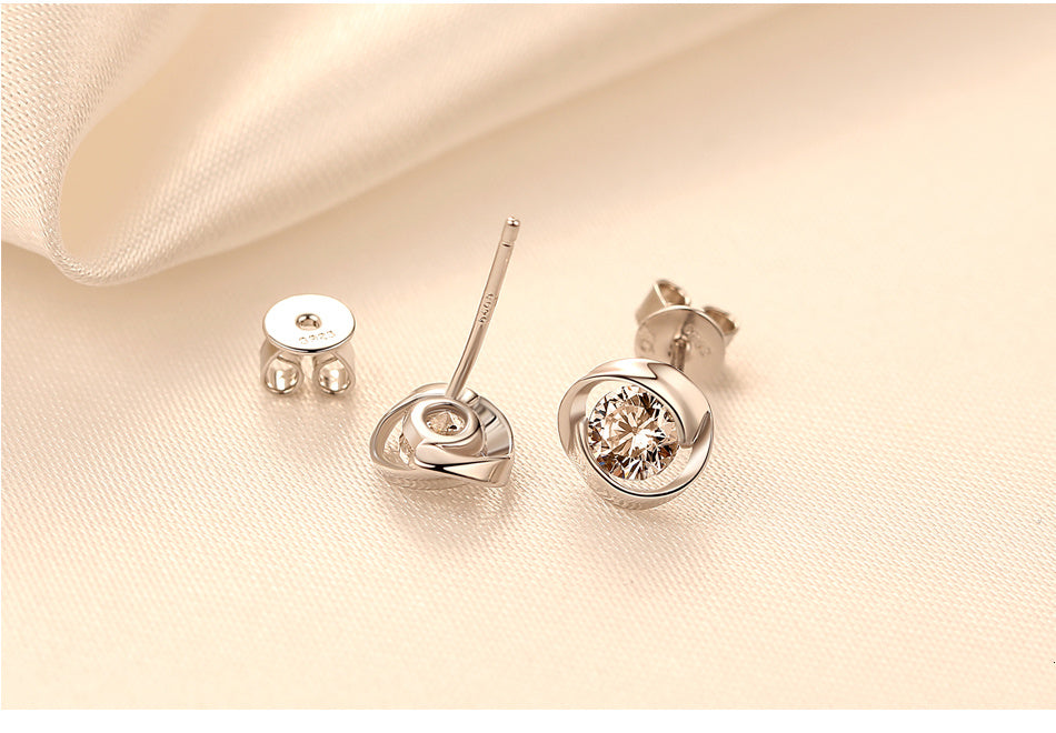 Sterling Silver Rose Stud With Zircon Earrings-Jewearrings