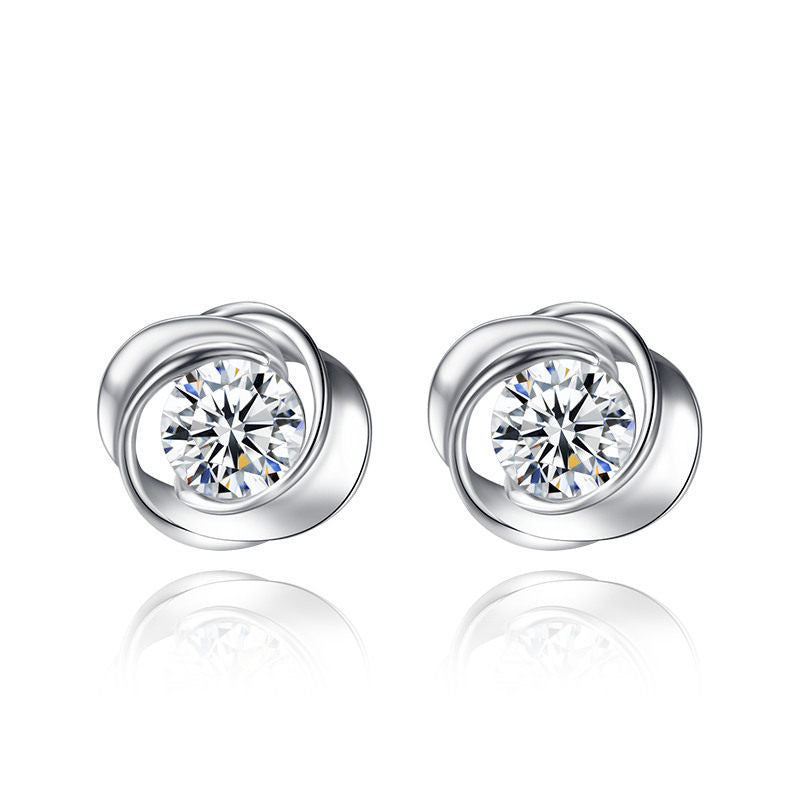 Sterling Silver Rose Stud With Zircon Earrings-Jewearrings