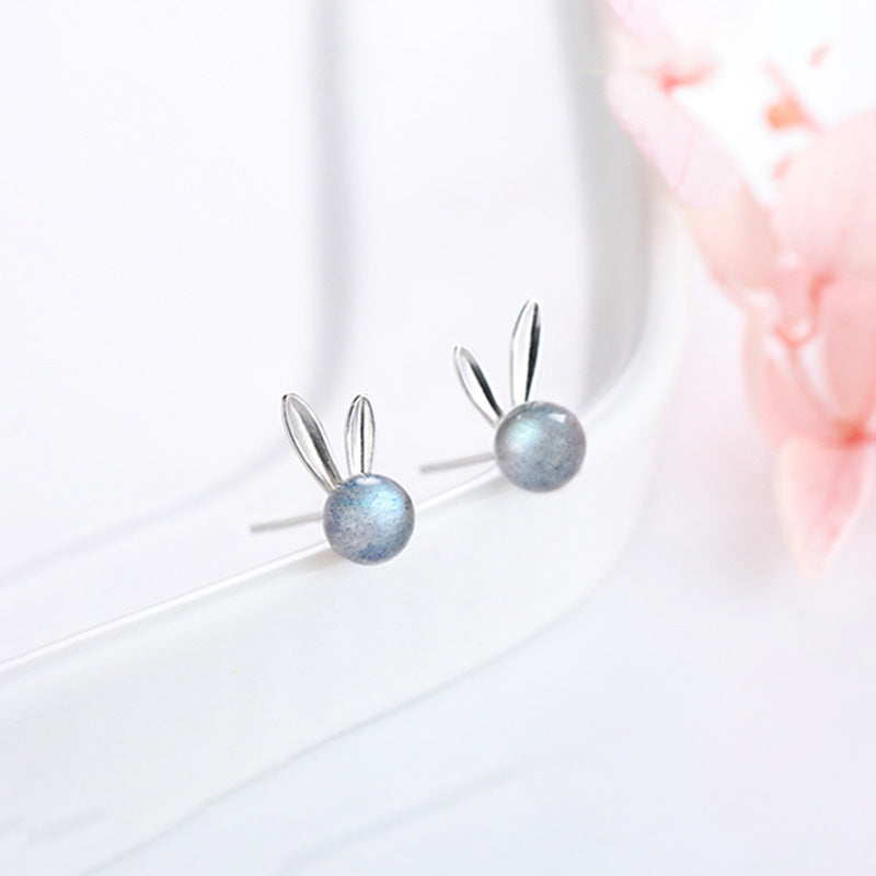 S925 Sterling Silver Moonstone Rabbit Earrings-Jewearrings