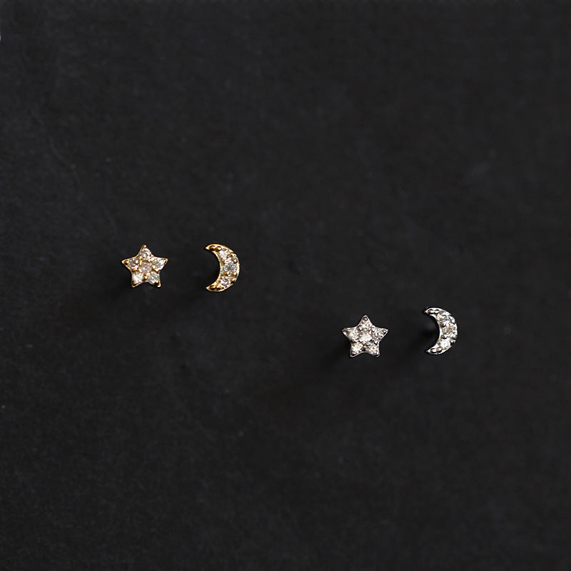 S925 Sterling Silver 14K Gold Earrings Star And Moon Asymmetrical Mini Cute Earrings Female Mix And Match Exquisite Niche-Jewearrings