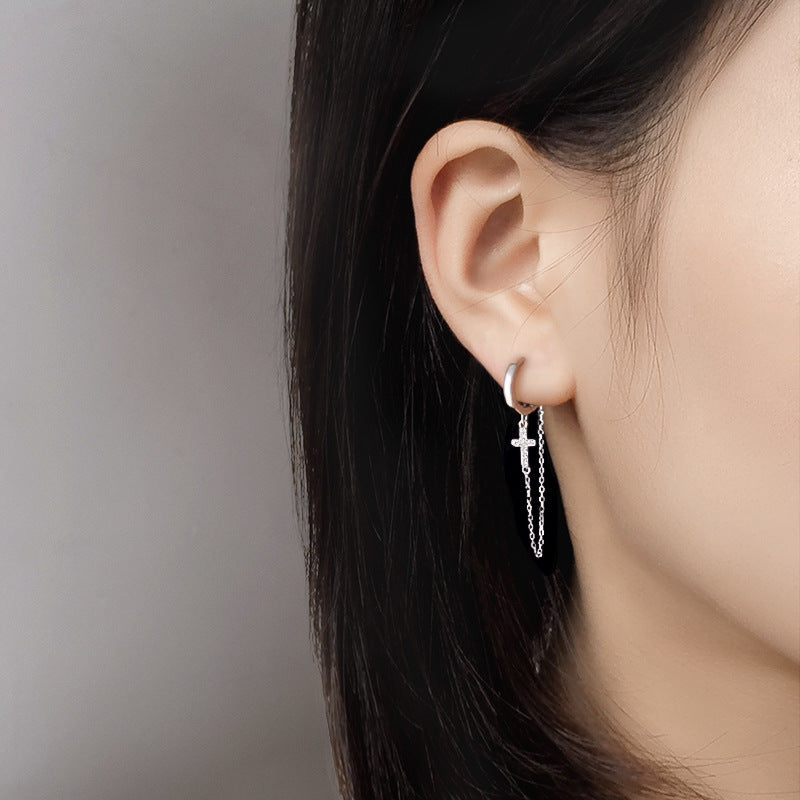 S925 Silver Cross Tassel Earrings Female Personality Creative Retro Earrings-Jewearrings