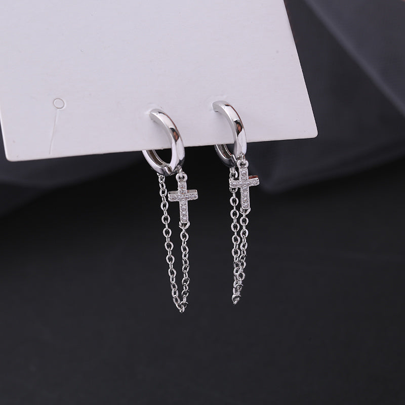 S925 Silver Cross Tassel Earrings Female Personality Creative Retro Earrings-Jewearrings