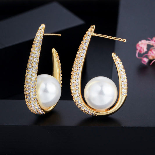 Real Gold Micro-inlaid Zircon Pearl Earrings-Jewearrings