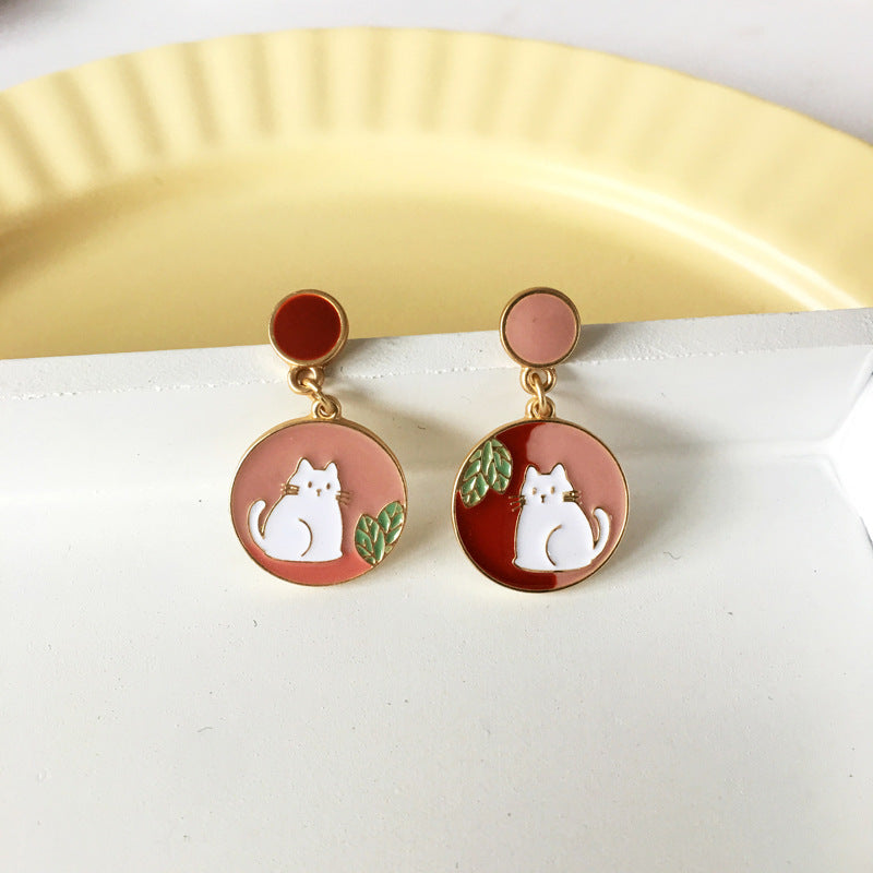 Silver Needle Japanese Cute Kitty Stud Earrings Temperament Simple Round Oil Drop-Jewearrings