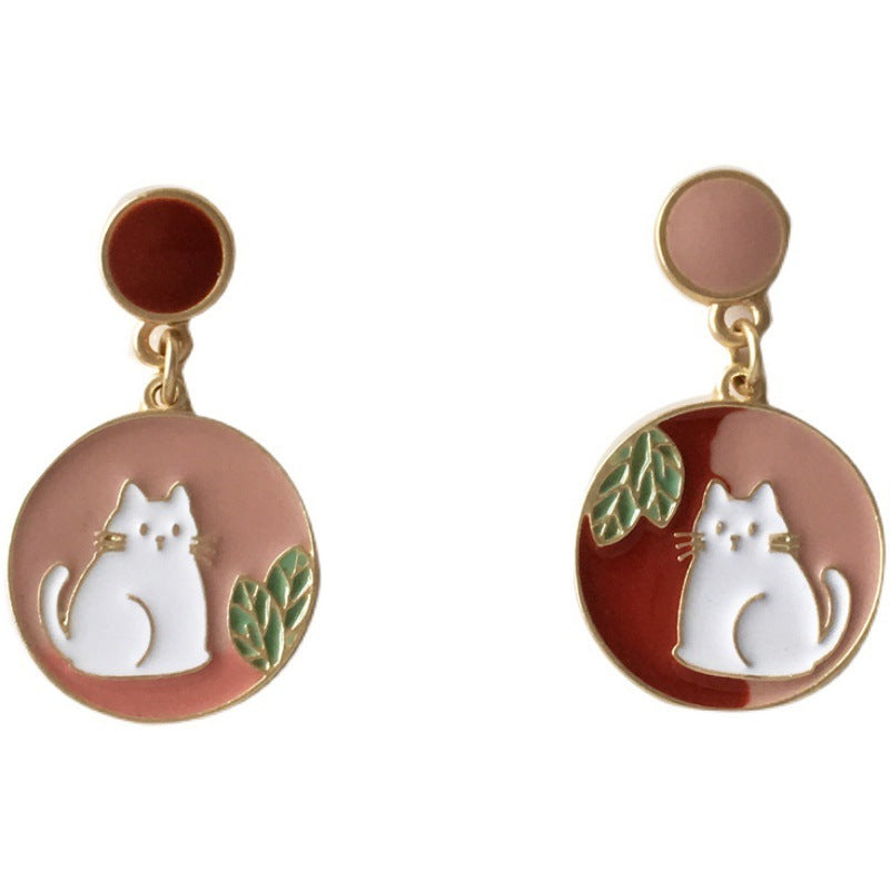 Silver Needle Japanese Cute Kitty Stud Earrings Temperament Simple Round Oil Drop-Jewearrings